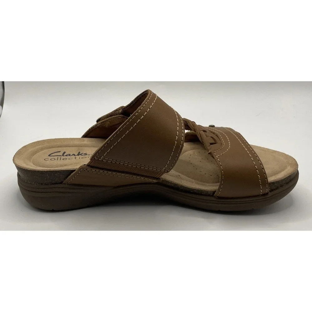 Clarks Collection Leather Slide Sandals - April Raelyn Tan A49 Women's Size 6.5M